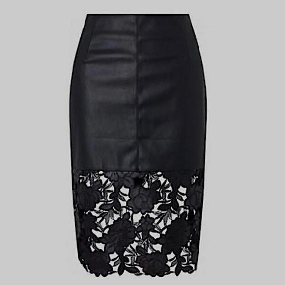 Beautiful Black Faux Leather Skirt  Lace Cut out bottom - Picture 2 of 5